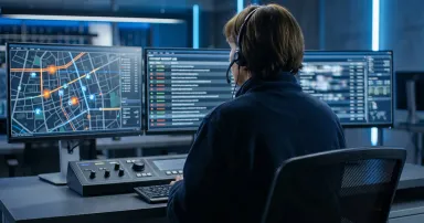 Dispatcher monitoring emergency map screens in control room. Concept of dispatch center, public safety, incident tracking and emergency response operations.