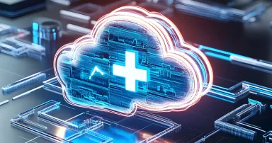 futuristic cloud computing concept. glowing cloud symbol with medical cross on a digital circuit board background. ideal for technology, healthcare, and data security projects.