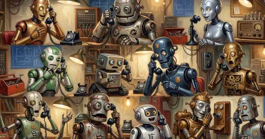 A dozen androids and robots tell each other exciting news via telephone.