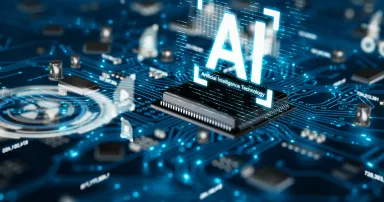 3D render AI artificial intelligence technology CPU central processor unit chipset on the printed circuit board for electronic and technology concept select focus shallow depth of field