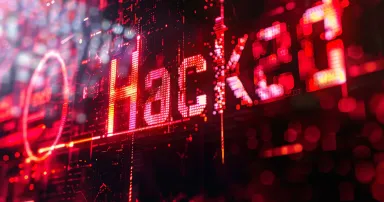 Red glowing letters saying hacked on dark background with binary code