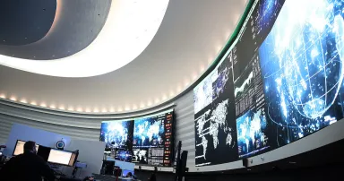 <p>A U.S. Cyber Command member works in the Integrated Cyber Center, Joint Operations Center at Fort George G. Meade, Md. </p>
