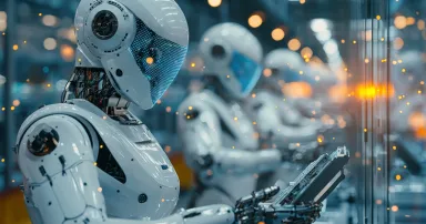 A manufacturing facility where AI-powered robots assemble products with human oversight, ensuring quality and speed.