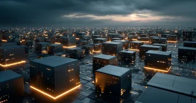 A modern city skyline featuring advanced robotic delivery systems with a sprawling arrangement of glowing cubes during twilight