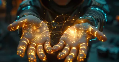 Close-up of a technomancer's hands, casting spells with futuristic gadgets