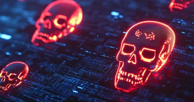 Cybersecurity Threat: Glowing Red Skulls on a Circuit Board, 3D Render