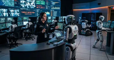 A human supervisor manages a staff of robots in a security operations center.