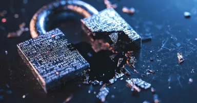 A cracked padlock icon with code leaking out, representing a data breach. --ar 3:2 --quality 2 --v 6.1 Job ID: 61dfe074-48af-4c25-9386-f5fe7ad94030
