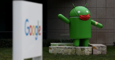 <p>An Android statue is displayed in front of a building on the Google campus on January 31, 2022 in Mountain View, California. (Photo by Justin Sullivan/Getty Images)</p>
