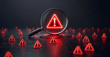 Risk assessment concept with magnifying glass focusing on a glowing red warning sign representing cyber threat detection and auditing.