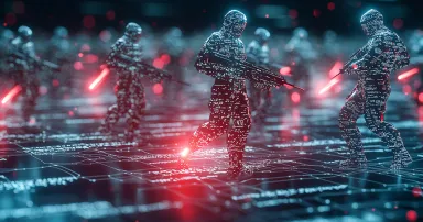Cyber Soldiers in Digital Warfare: A futuristic depiction of a cybernetic army in active combat. Soldiers, rendered in digital patterns, brandish weapons within a data-rich battlefield environment.