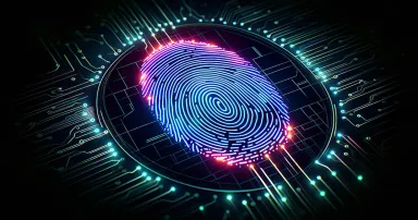 Microchip integrated with a unique fingerprint pattern, symbolizing advanced biometric identification technology for secure access and authentication.