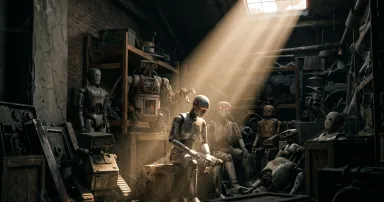 A light suddenly shines into a dark, dusty room, illuminating various androids and robots hiding in the shadows.