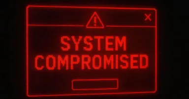 System compromised alert digital warning error message, cyber threat red glow, data breach alert.