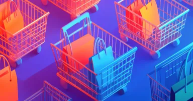 A stock illustration that represents the concept of e-commerce phishing in pastel orange and cobalt blue, incorporating fake shopping carts and conceptual metaphors of stolen data and false security for an engaging and intuitive understanding of the concept. Utilize soft gradients and layered shadows to create a hint of spatial complexity and priority. --ar 16:9 --v 6.1 Job ID: b12556c8-93ea-4d94-91b3-9ca3f4a58a7b