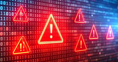 Digital warning signs: A digital landscape, with warning signs on the screen, which depicts an alert or error.