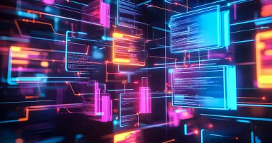 Document management system is streamlined through digital folders and files, filled with colorful tags and labels, surrounded by glowing network connections.