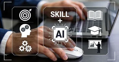 Skill development and AI education concept, hands using mouse and keyboard with icons for brain gears, graduation cap, book and presentation chart, upskilling workforce