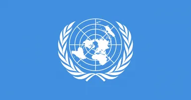 Flag of United Nations (UN), international territory, white UN emblem - polar azimuthal equidistant projection world map surrounded by two olive branches - on a blue background