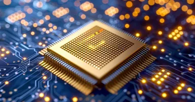 A gold-colored computer chip is seen on a motherboard surround by glowing lights and circuits