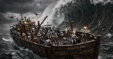 A massive wave threatens to overturn Noah's Ark, except that the ark is populated by robots and androids instead of animals.