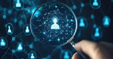 Person use magnifying glass focus to identity verification system for Increase financial security and access personal financial data. Biometrics security