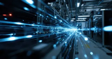 Futuristic data center with blue light trails, showcasing high speed data transfer and advanced technology infrastructure for cloud computing and artificial intelligence