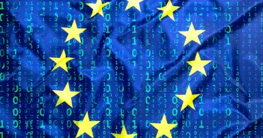 Data protection, binary code with European Union flag