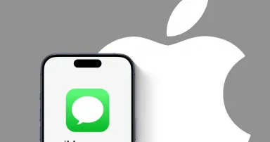 iMessage App logo shown on iPhone 15 Pro in front of Apple Logo, messenger, chat, communication, iOS, macOS