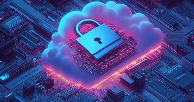 Illustration of a padlock on a cloud with a computer motherboard, symbolizing internet security, cloud computing data protection, digital privacy, and technology