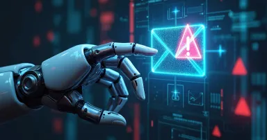 Robot hand interacts with digital interface showing email alert. AI monitors for threats, blocking phishing and harmful messages. Protects digital communication safety.