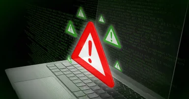 Header graphic features a laptop with a red warning triangle and alert icons, dark background with streaming green code. It suggests concepts of cybersecurity threats, hacking, and system errors.