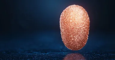 Glowing Fingerprint Digital Identity Concept, 3D Render, Circuit Background