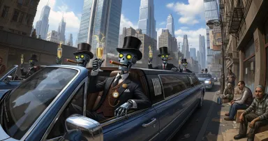 Well-dressed robot tycoons riding in an open-topped limousine on a sunny day enjoy the good life while they drive past impoverished humans.
