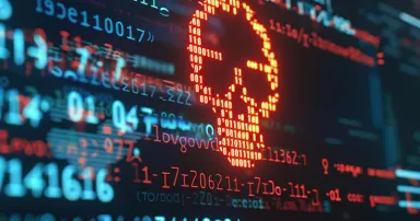 Red Skull Icon Formed From Binary Code on Computer Screen