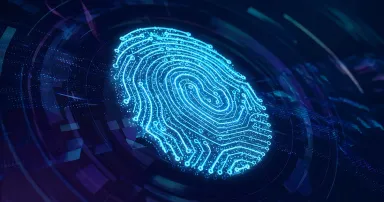 Digital fingerprint scan composed of glowing blue circuit board pathways representing biometric security and identity verification in modern technological systems