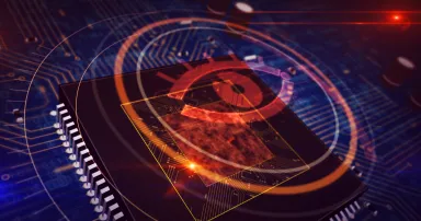 Cyber surveillance concept with spy eye hologram over cpu in background. Concept of privacy tracking, digital spying, artificial intelligence and spyware. 3D flight over futuristic circuit board.