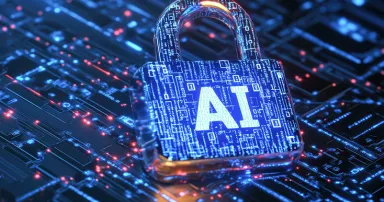 A futuristic padlock with binary code and the text "AI" floating in the center, symbolizing secure data