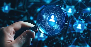 Person use magnifying glass concept, focus to identity verification system for Increase financial security and access personal financial data