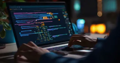 Programmer working on their professional development types on a laptop computer keyboard.