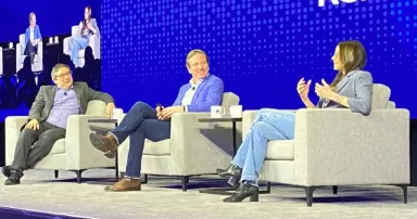 <p>CISA Director Jen Easterly (right) and former CISA Director Chris Krebs (center) sit on an RSAC 2024 keynote panel moderated by Washington Post Digital Threats Reporter Joseph Menn (left). </p>
