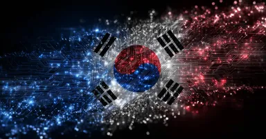 South Korean flag with digital circuit overlay, glowing Taeguk and black trigrams, futuristic tech-inspired wallpaper style