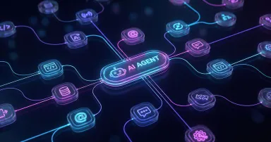 3D rendering of an AI agentic workflow automation software interface with connected nodes and data triggers.