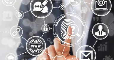 Business security identification scanning biometric fingerprint media network question web computer safety concept. Finger print icon scan internet access technology