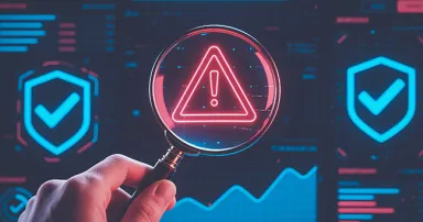 A person's hand holds a magnifying glass over an alert symbol on a cybersecurity interface. The image suggests security issues and vigilance.