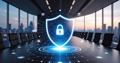 Cyber Security Shield Digital Protection in Modern Boardroom.