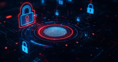 AI generated glowing fingerprint hologram with padlock icons and circuit design symbolizing biometric authentication data protection and cybersecurity in futuristic digital technology