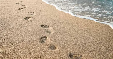 Footprints of human feet on the sand near the water on the beach