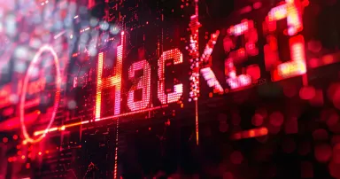 Red glowing letters saying hacked on dark background with binary code