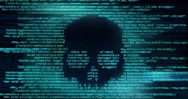 Malicious computer programming code in the shape of a skull.